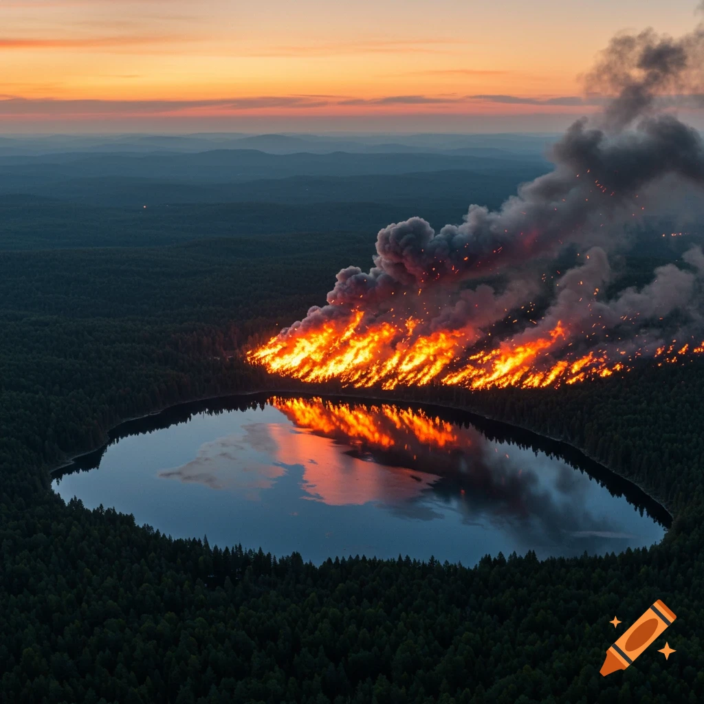 Aerial view of a large forest fire raging along the edge of a serene lake at sunset, with smoke rising into the orange sky.