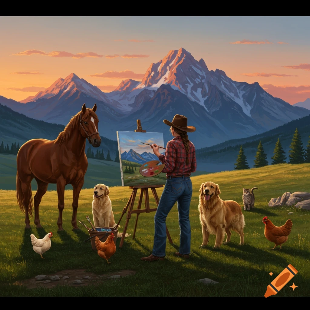 A female artist in a cowboy hat paints a mountain landscape in a field at sunset, with a horse, two golden retrievers, a cat, and chickens watching.