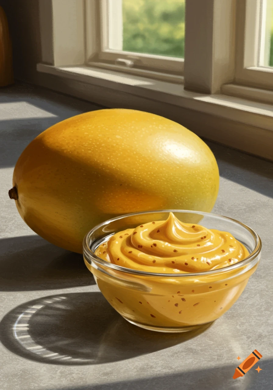 A vibrant yellow mango and a small glass bowl of whole grain mustard sit on a kitchen counter by a sunlit window in a realistic painting.