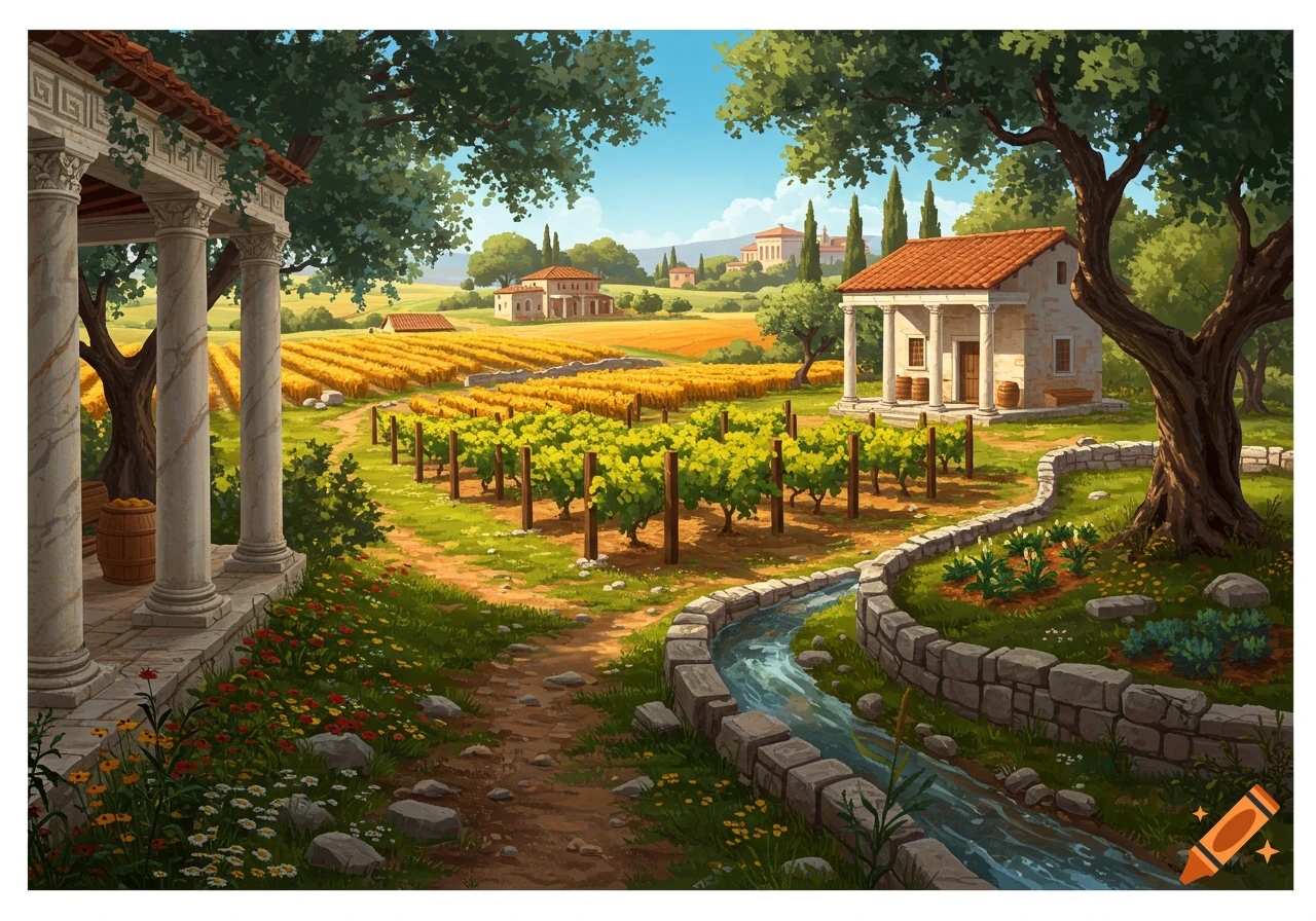 Vibrant illustration of a Roman farm landscape with vineyards, golden fields, classical buildings, and a winding stream.