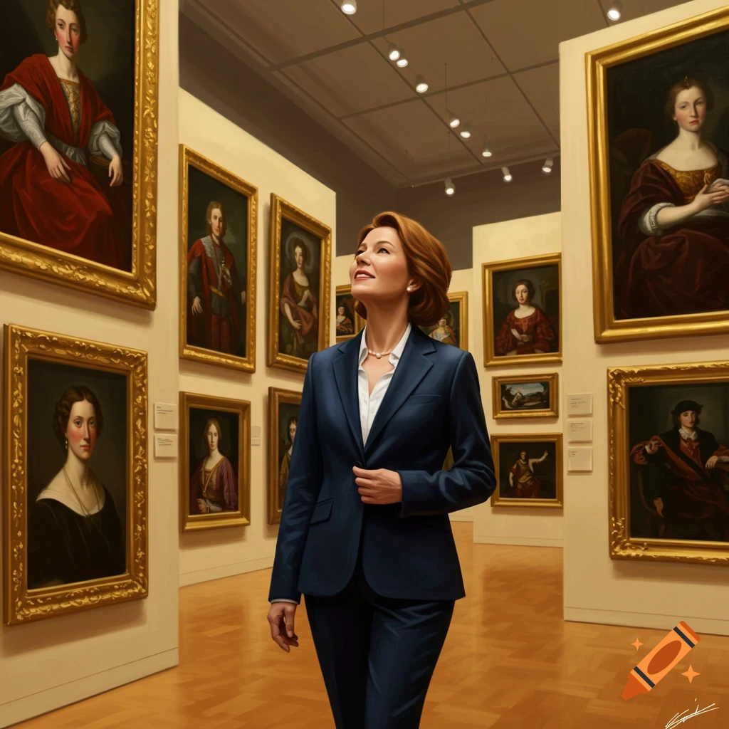 An elegant business woman in a dark suit stands in an art museum, admiring classical portraits on the walls.