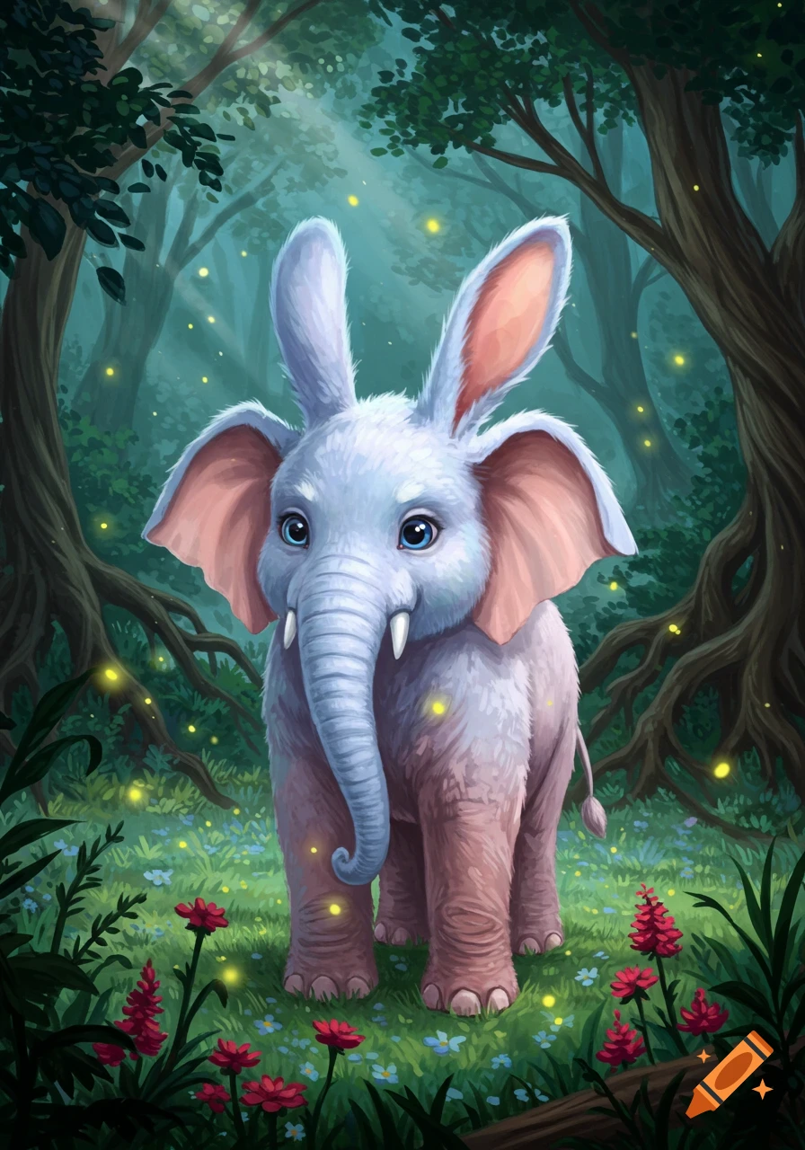 A charming, fluffy baby elephant with long bunny ears in a magical forest with fireflies.