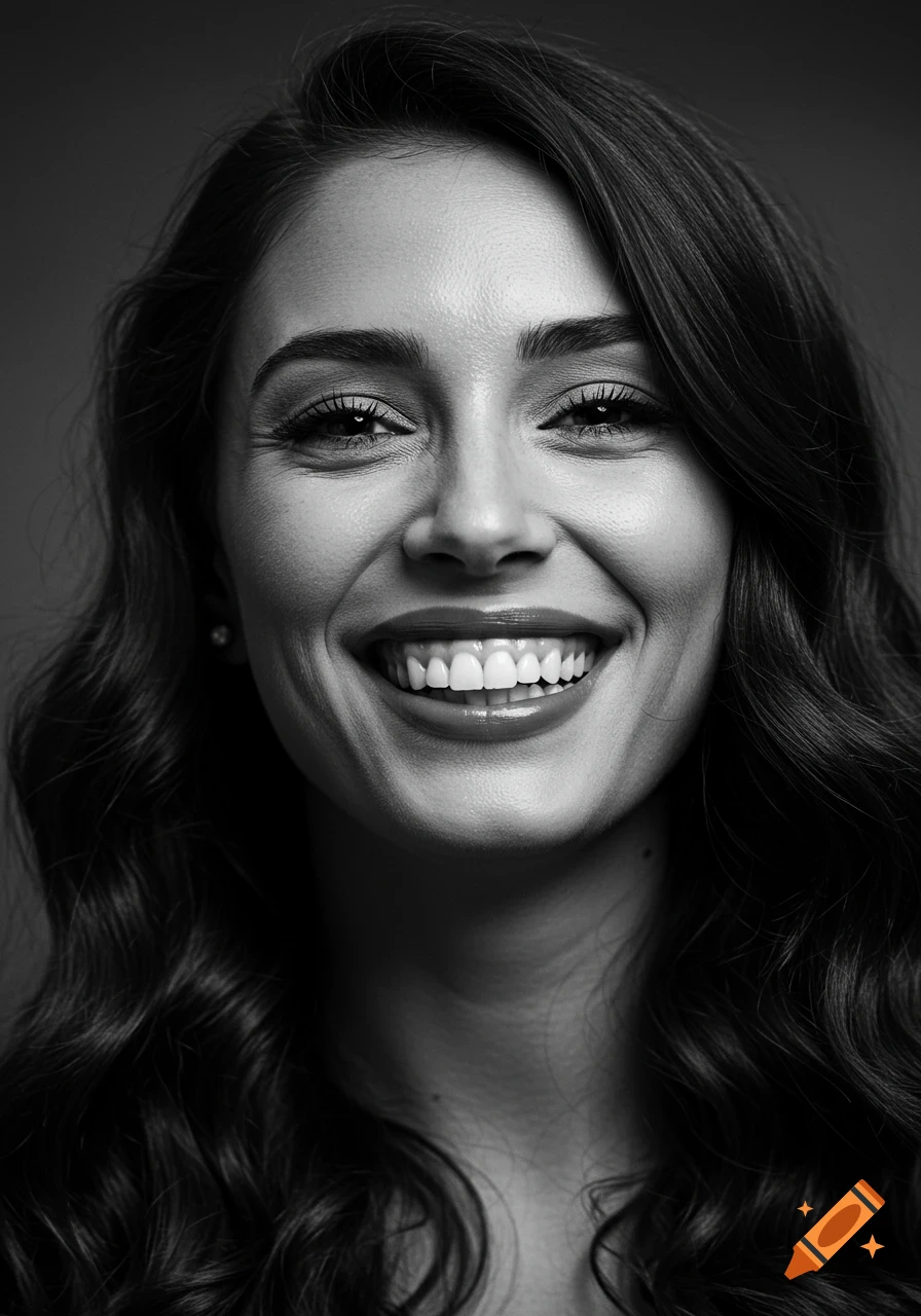 Close-up black and white portrait of a smiling woman with long wavy hair, showing her teeth.