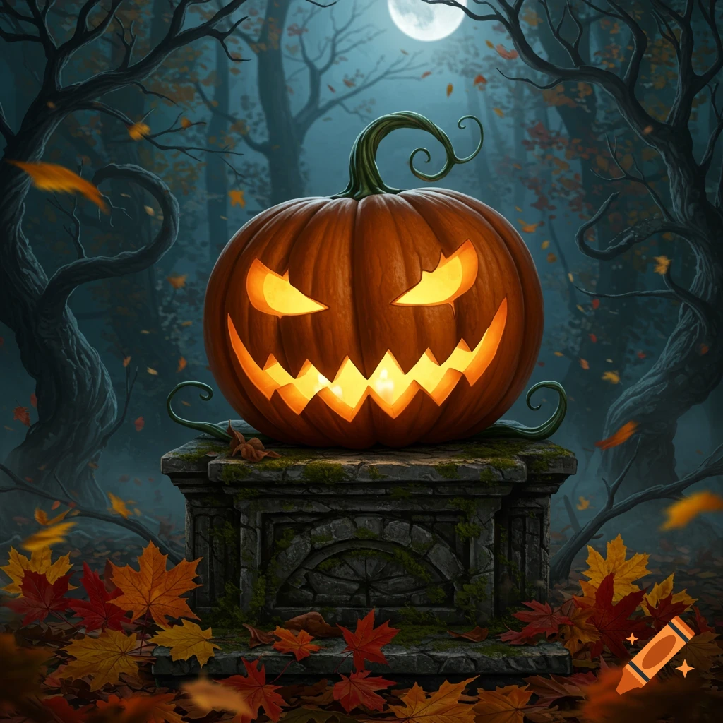 A glowing jack-o'-lantern with a scary face sits on a mossy stone pedestal in a dark, misty forest under a full moon, with scattered autumn leaves.