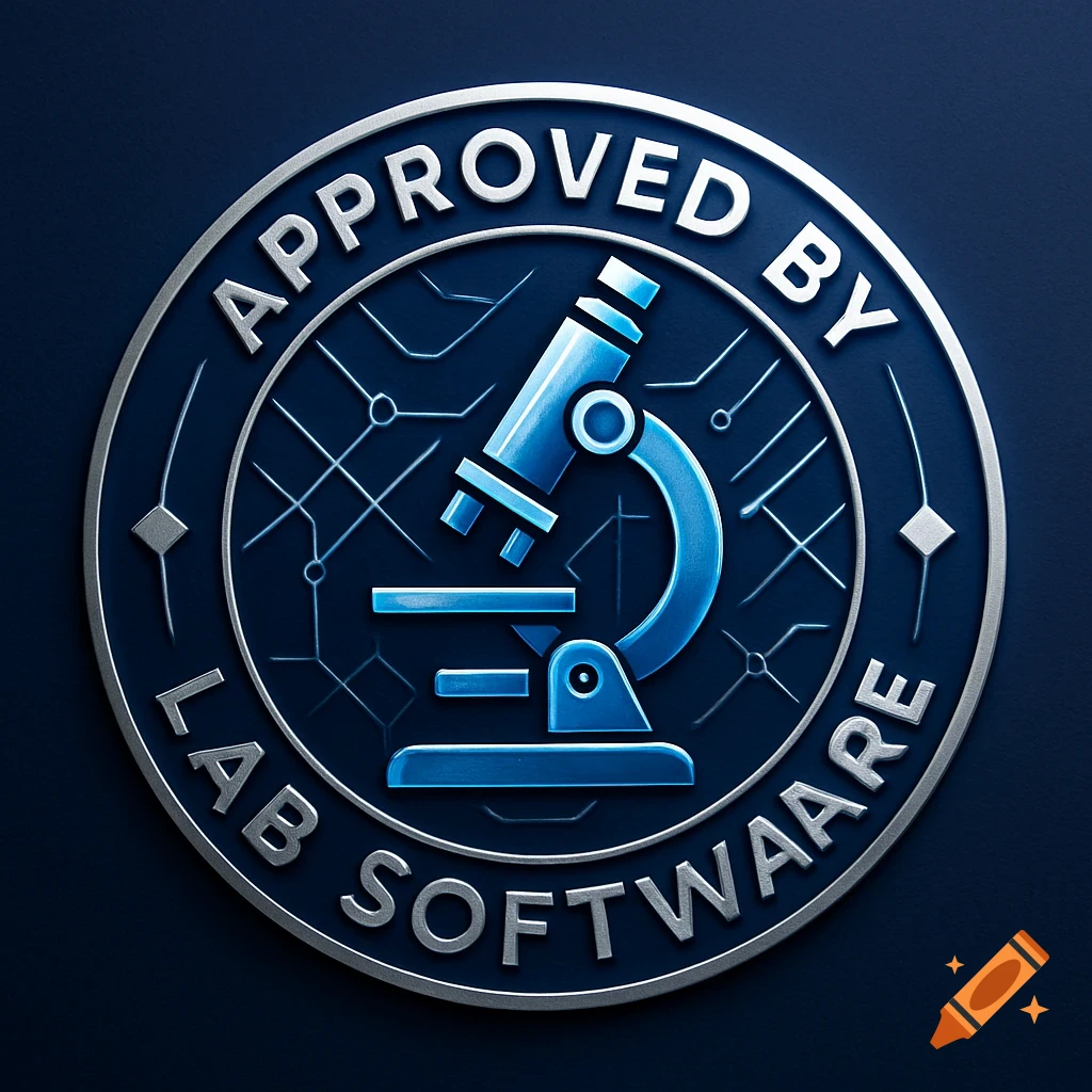 A blue and silver circular stamp with a microscope in the center and 'APPROVED BY LAB SOFTWARE' text around the edge.