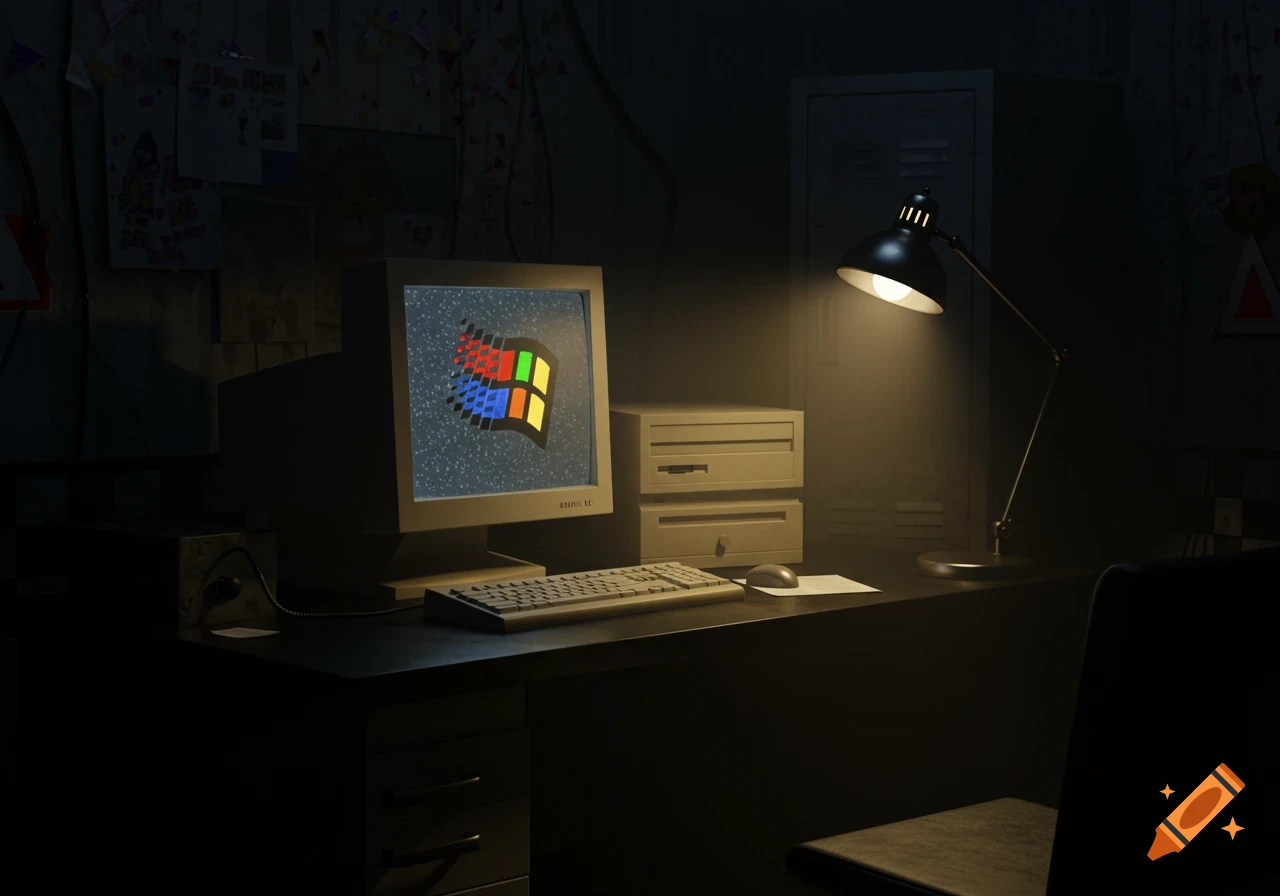 Hyperrealistic dark office desk with a retro computer showing the Windows 95 logo, illuminated by a desk lamp.