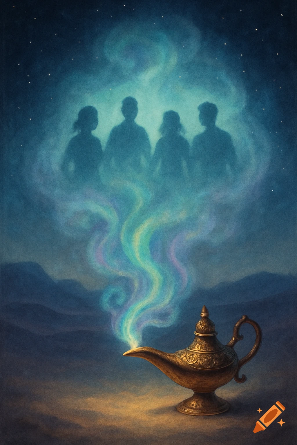 An illustration of a glowing magic lamp in a desert, emitting colorful mystical smoke with four human silhouettes, under a starry sky.