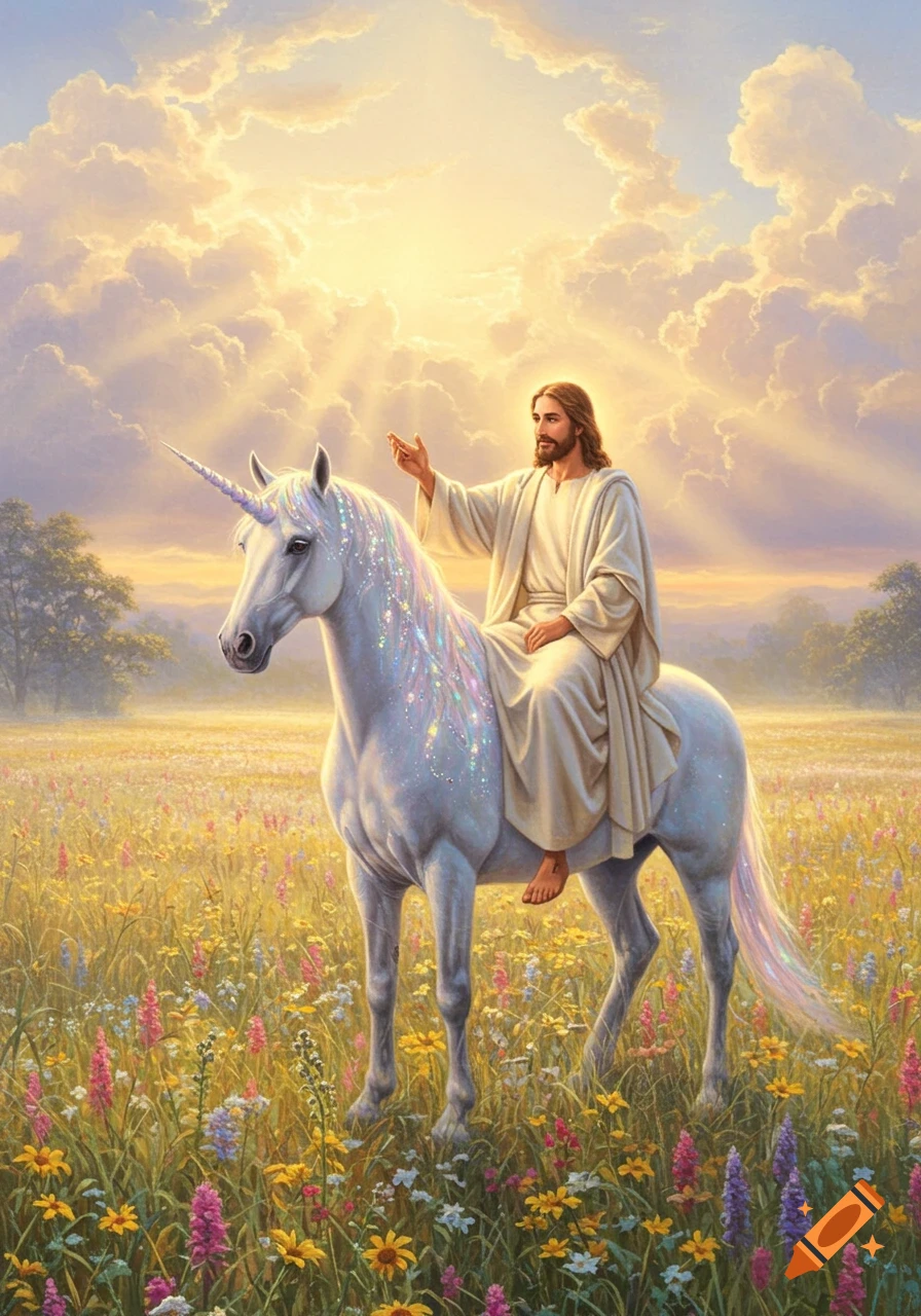 Jesus rides a sparkly white unicorn through a vibrant field of wildflowers under a bright, sun-drenched, cloudy sky.