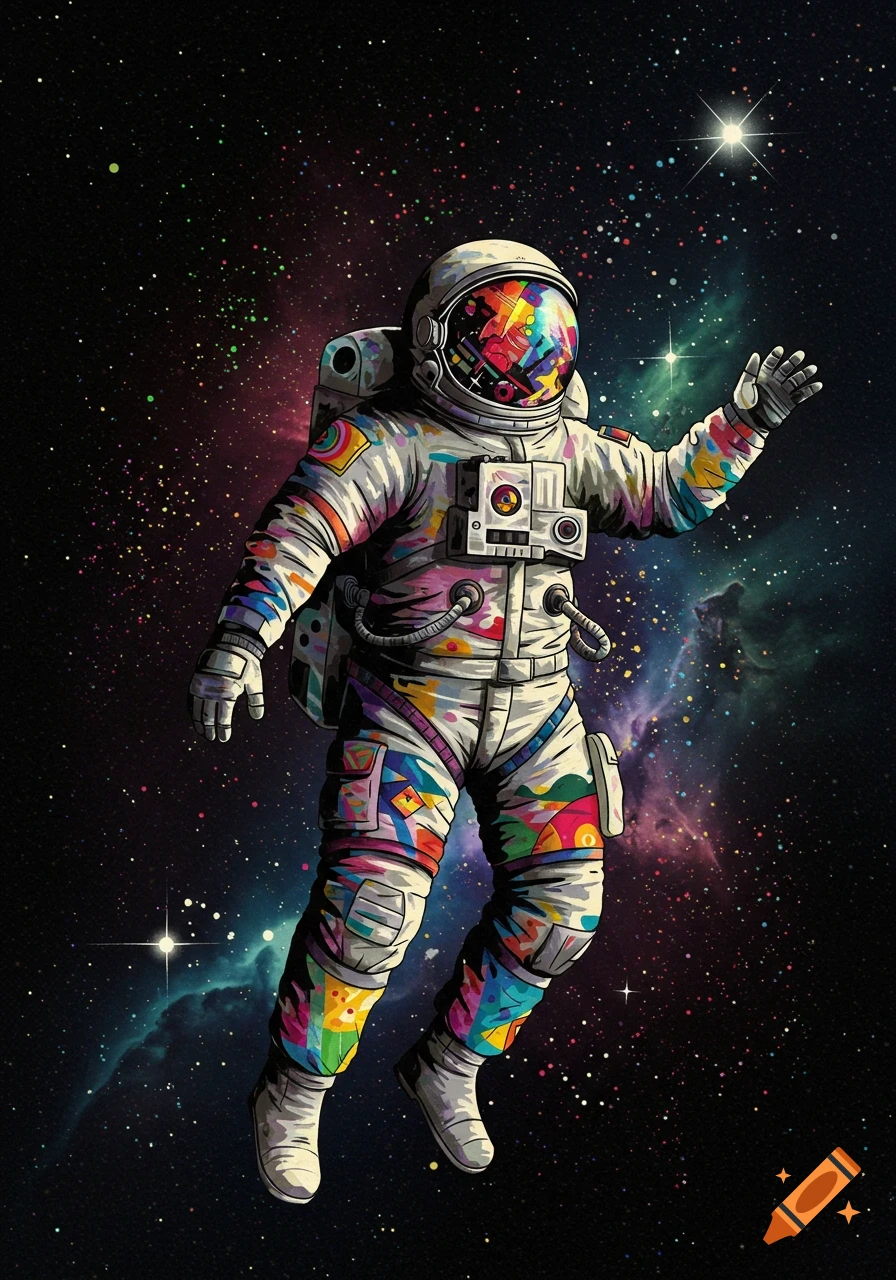 A vibrant, abstract astronaut with a colorful suit floats in a star-filled space with nebulae.