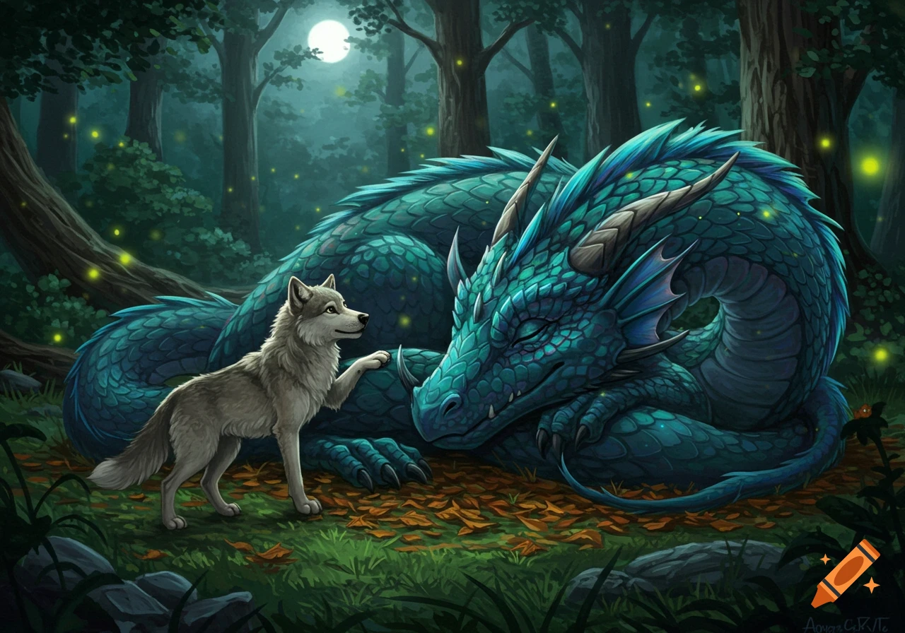 Illustrated fantasy art of a wolf gently poking the nose of a sleeping blue-green dragon in a magical forest at night with fireflies.