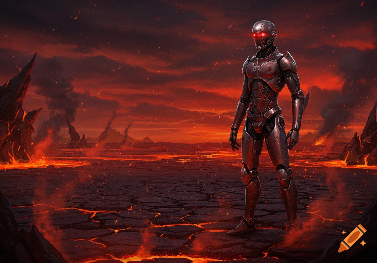 A metallic robot with glowing red eyes stands in a desolate, fiery volcanic landscape under a dark red sky.