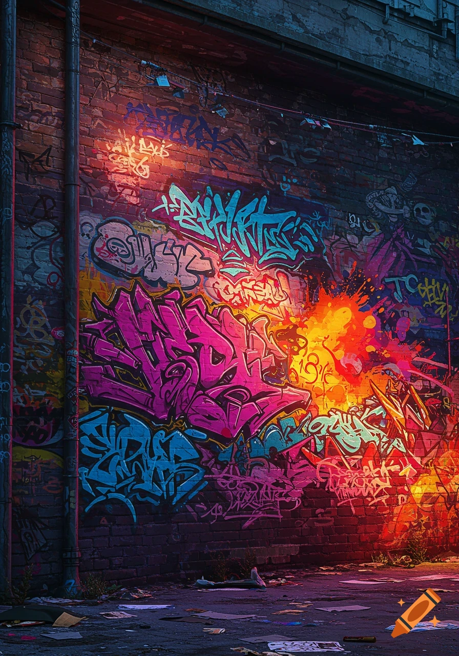 A vibrant, colorful graffiti mural covers a brick wall in a dimly lit urban alleyway, with neon-like highlights.
