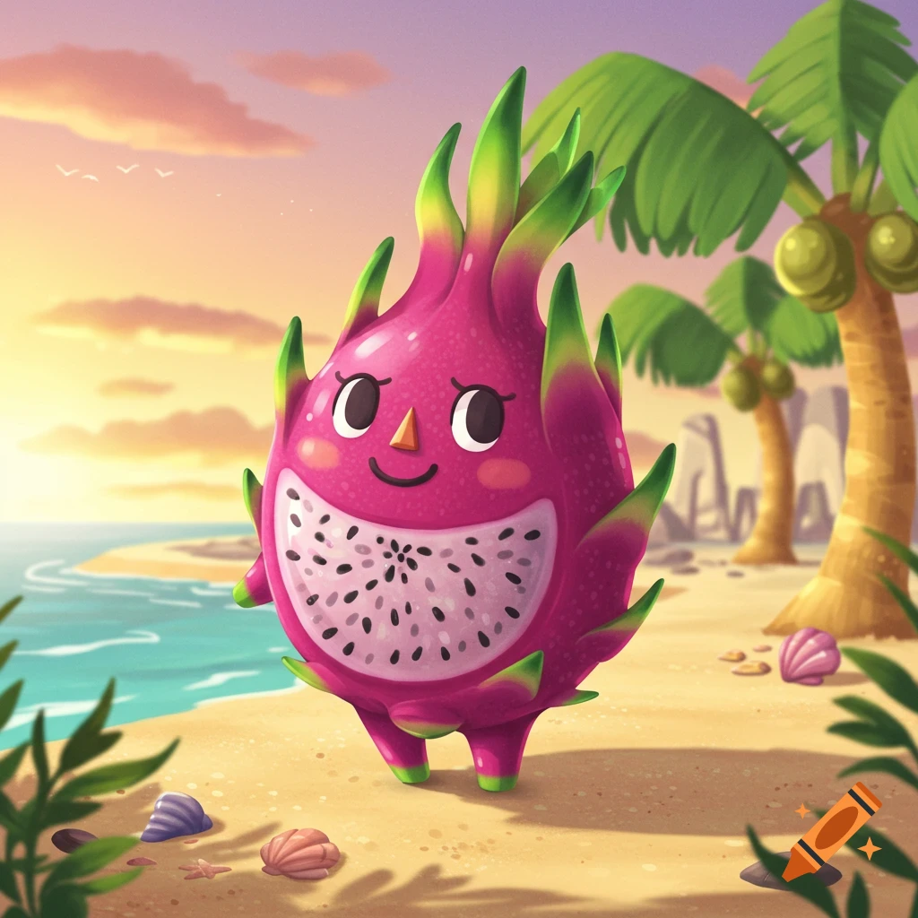 A cute, smiling cartoon dragonfruit character stands on a sandy beach with palm trees and ocean at sunset.