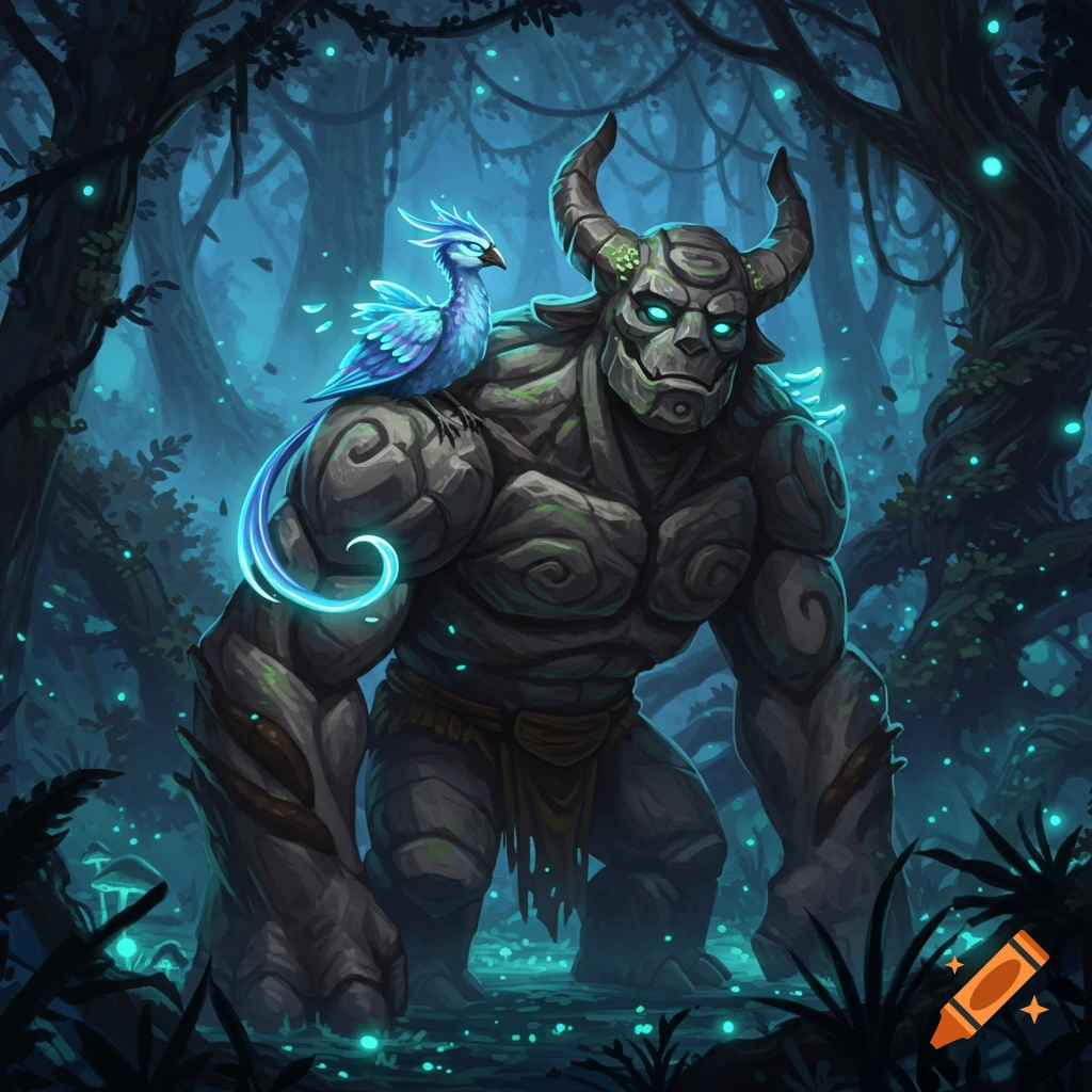 A horned stone golem with glowing eyes stands in a dark, magical forest, with a glowing blue bird on its shoulder. Fantasy art.