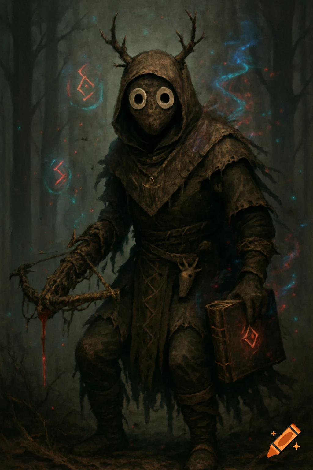 A dark, hooded figure with antlers and large, round, blank eyes, holding a crossbow and a glowing book in a mystical forest. Glowing runes float around the figure.