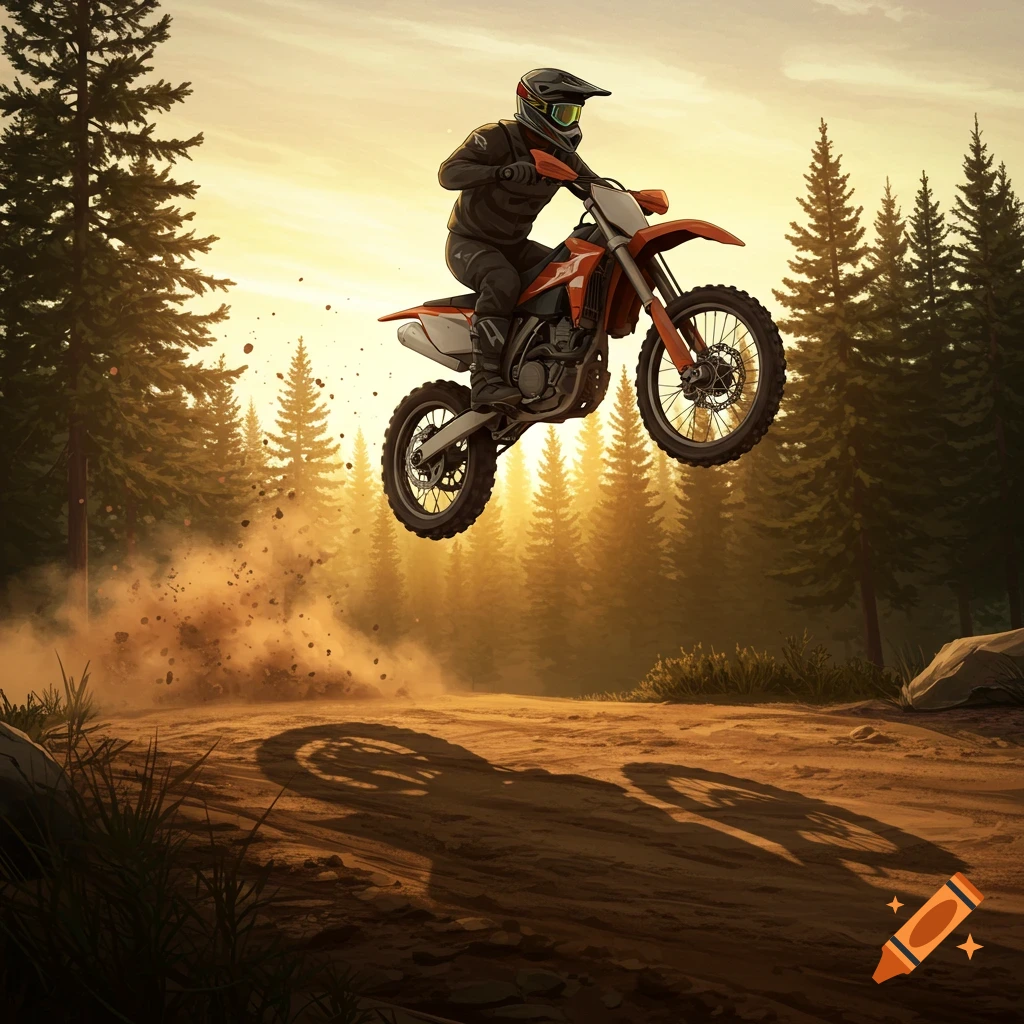 An illustrative image of a dirt bike rider airborne over a dirt track in a forest at sunset, kicking up dust.