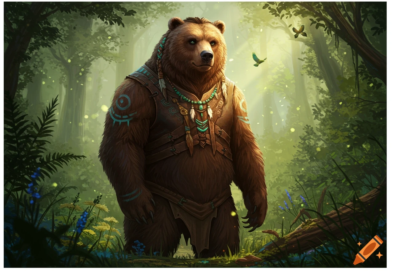 A majestic anthropomorphic bear in a leather vest with turquoise tribal markings stands in a sunlit fantasy forest.