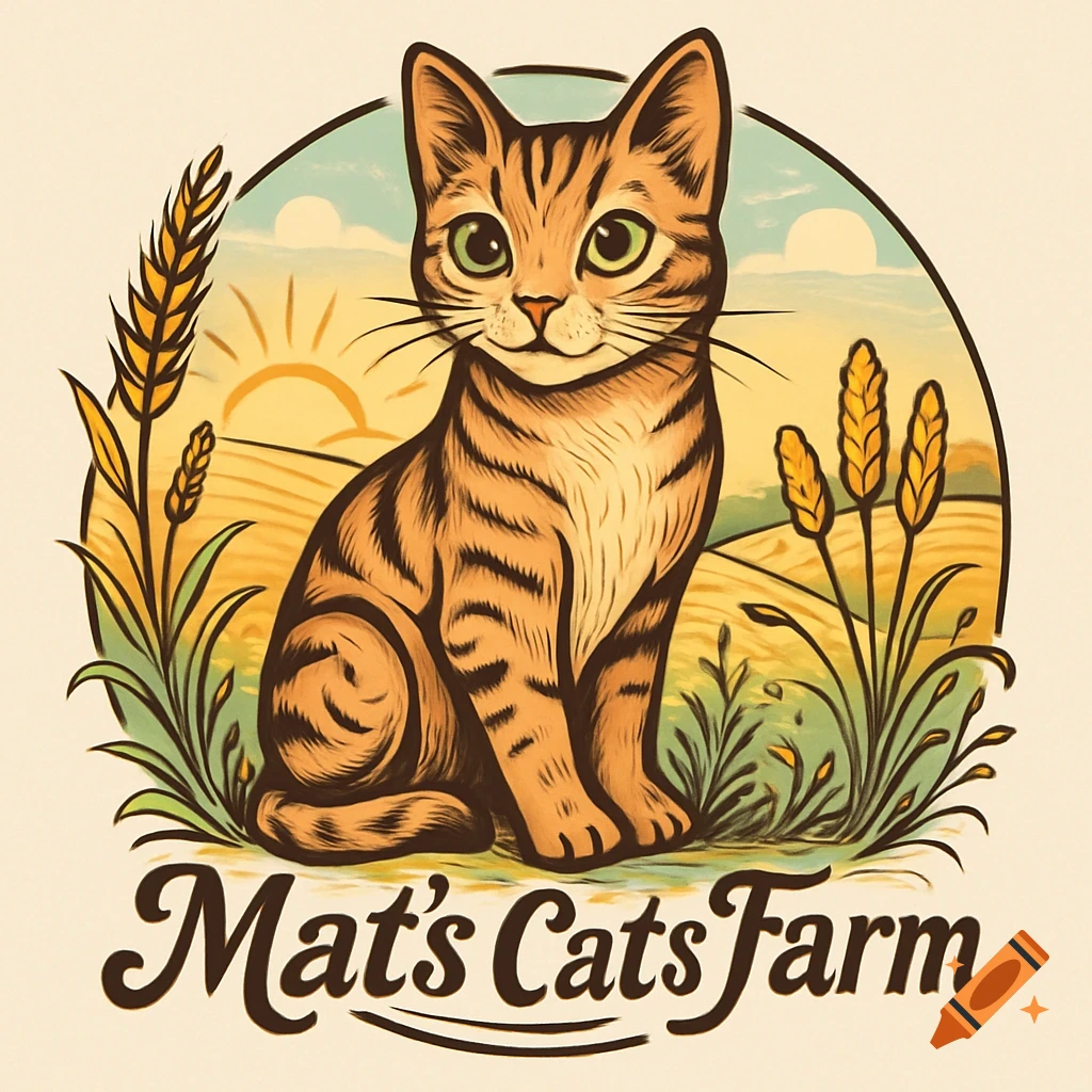 Cartoon logo of a tabby cat sitting in a wheat field at sunset, with 'Mat's Cats Farm' text below.