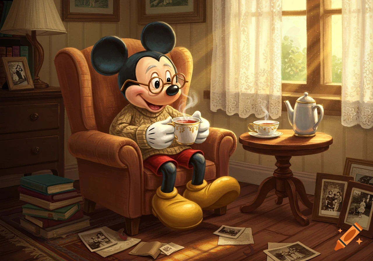 Mickey Mouse, wearing glasses and a sweater, sits in a cozy armchair, happily drinking tea in a sunlit room.