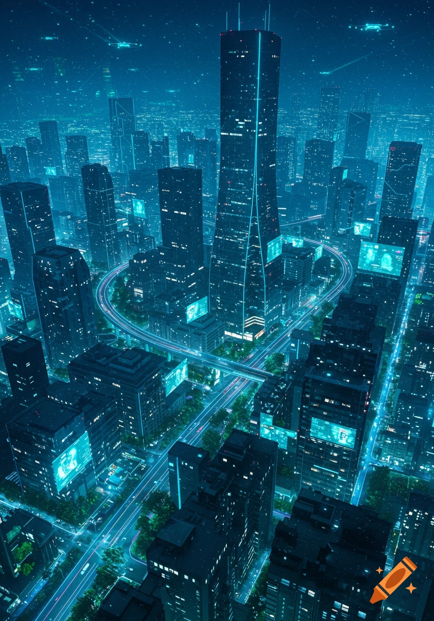 Aerial view of a neon blue futuristic city at night, with towering skyscrapers and glowing elevated roadways.