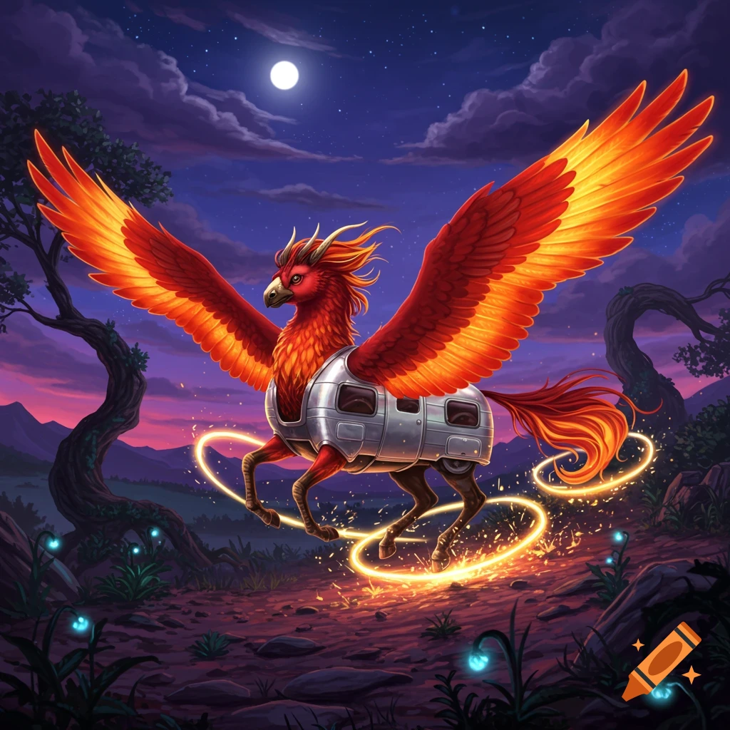 A vibrant illustration of a fiery red phoenix-pegasus with a silver camper trailer body flying through a magical forest at night.