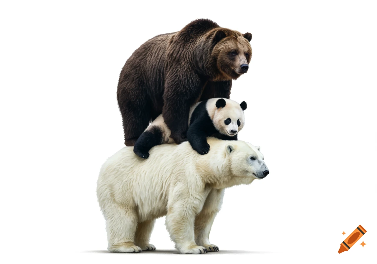 Photorealistic image of a grizzly bear, a panda, and a polar bear stacked vertically on a white background.