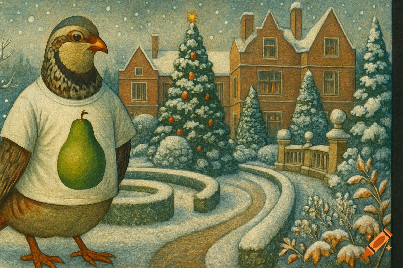 Oil painting of a partridge in a pear T-shirt in a snowy Elizabethan Christmas garden with a mansion and decorated tree.