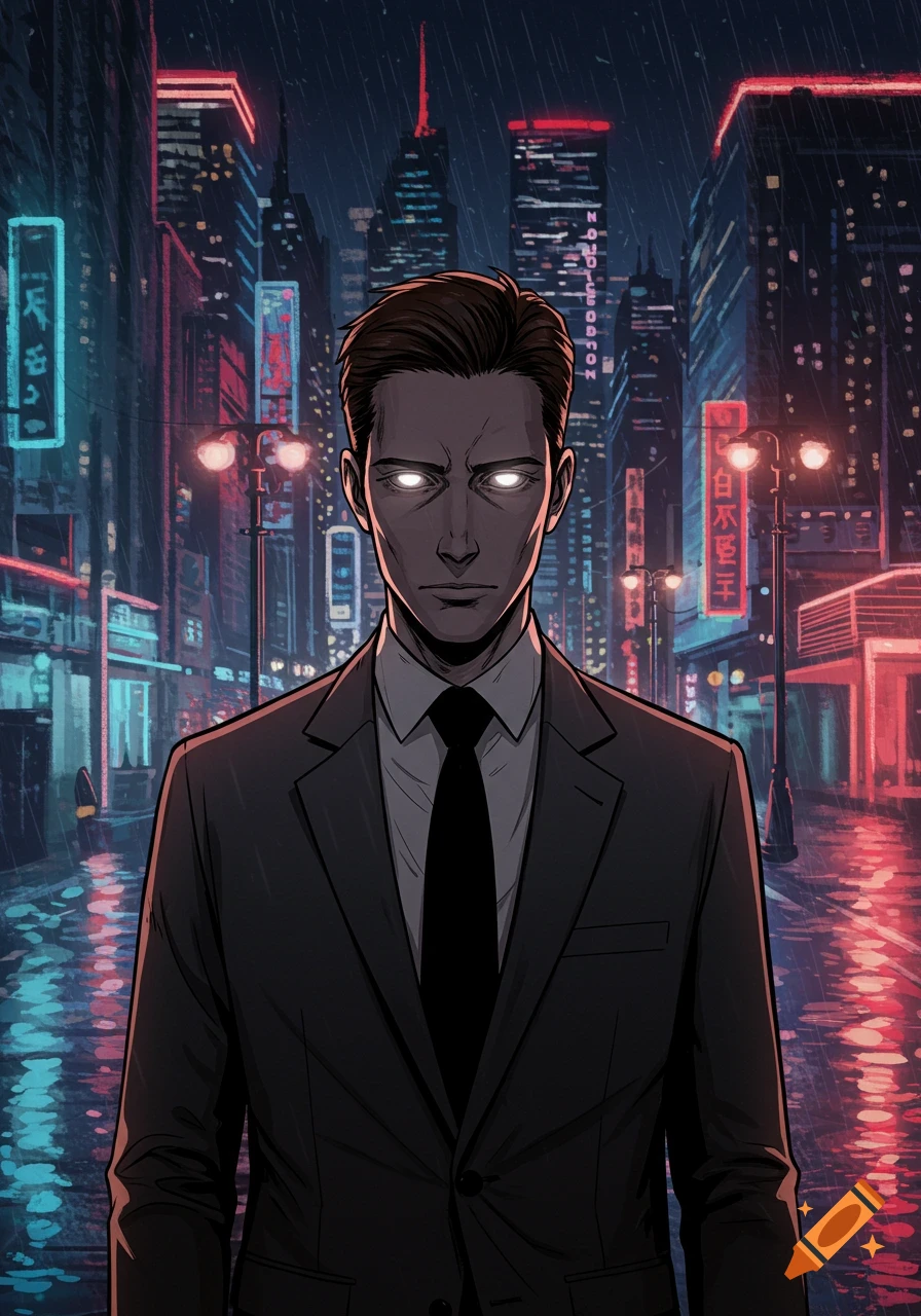 Manga style portrait of a man with glowing white eyes in a suit, standing on a rainy, neon-lit city street at night.