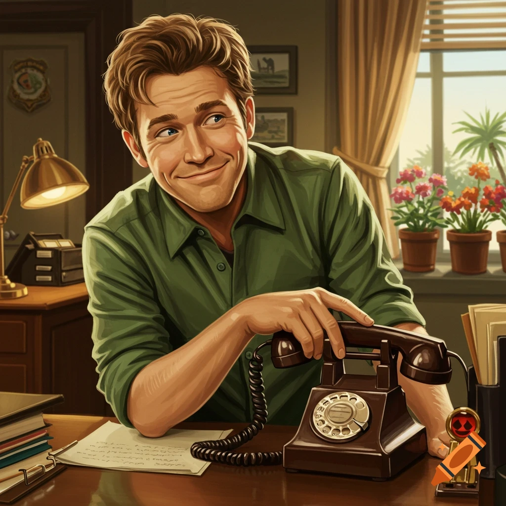 A smiling man with brown hair sits at an office desk, holding a classic rotary phone receiver. Potted plants are by a window in the background.