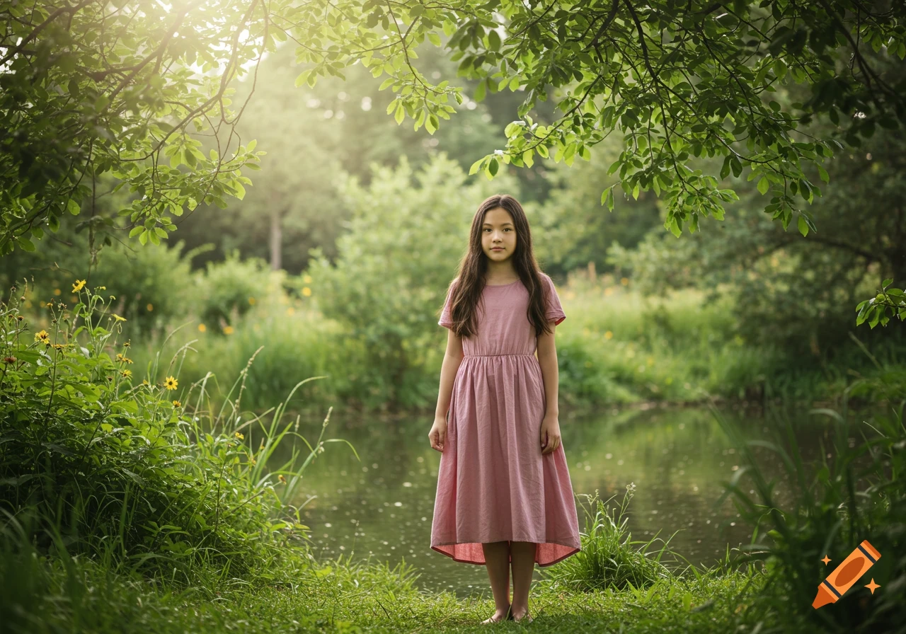 Young girl in a pink dress standing barefoot by a pond, surrounded by lush green foliage and trees with sunlight.