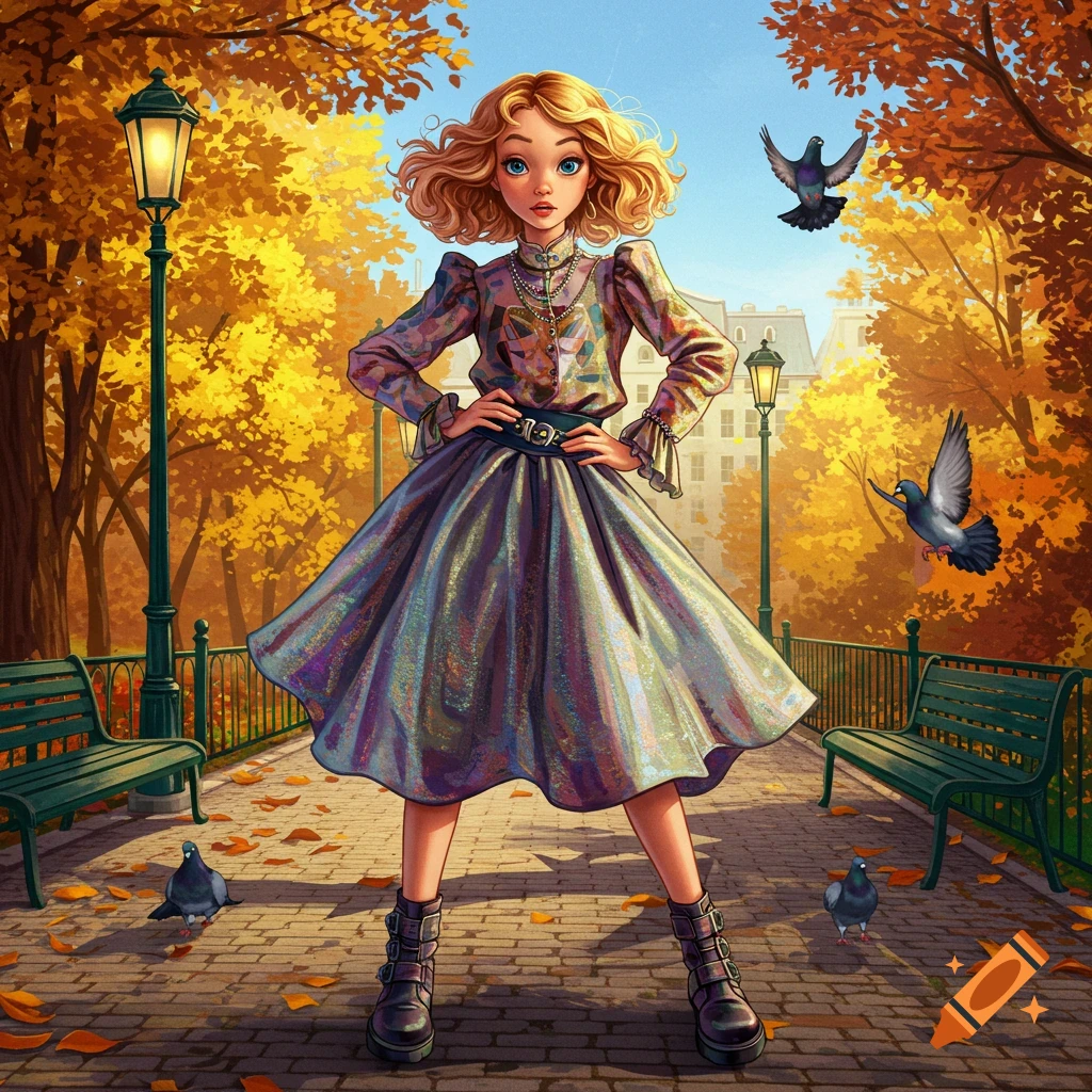 A vibrant illustration of a girl with blonde hair in a sparkly dress and boots, standing in an autumn park with golden trees and pigeons.