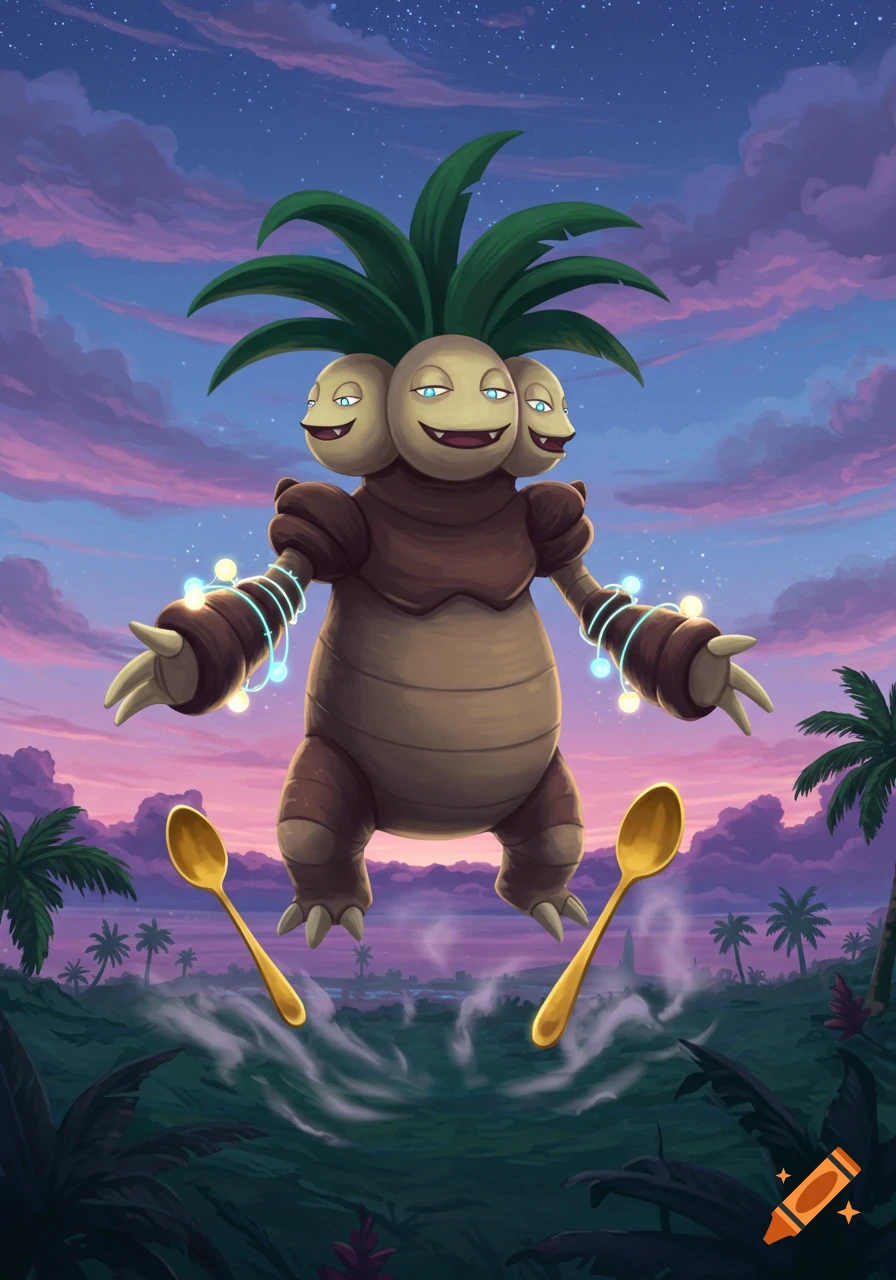 An Exeggutor-Alakazam fusion floats over a tropical landscape under a starry, cloudy sky, with glowing lights and two golden spoons.