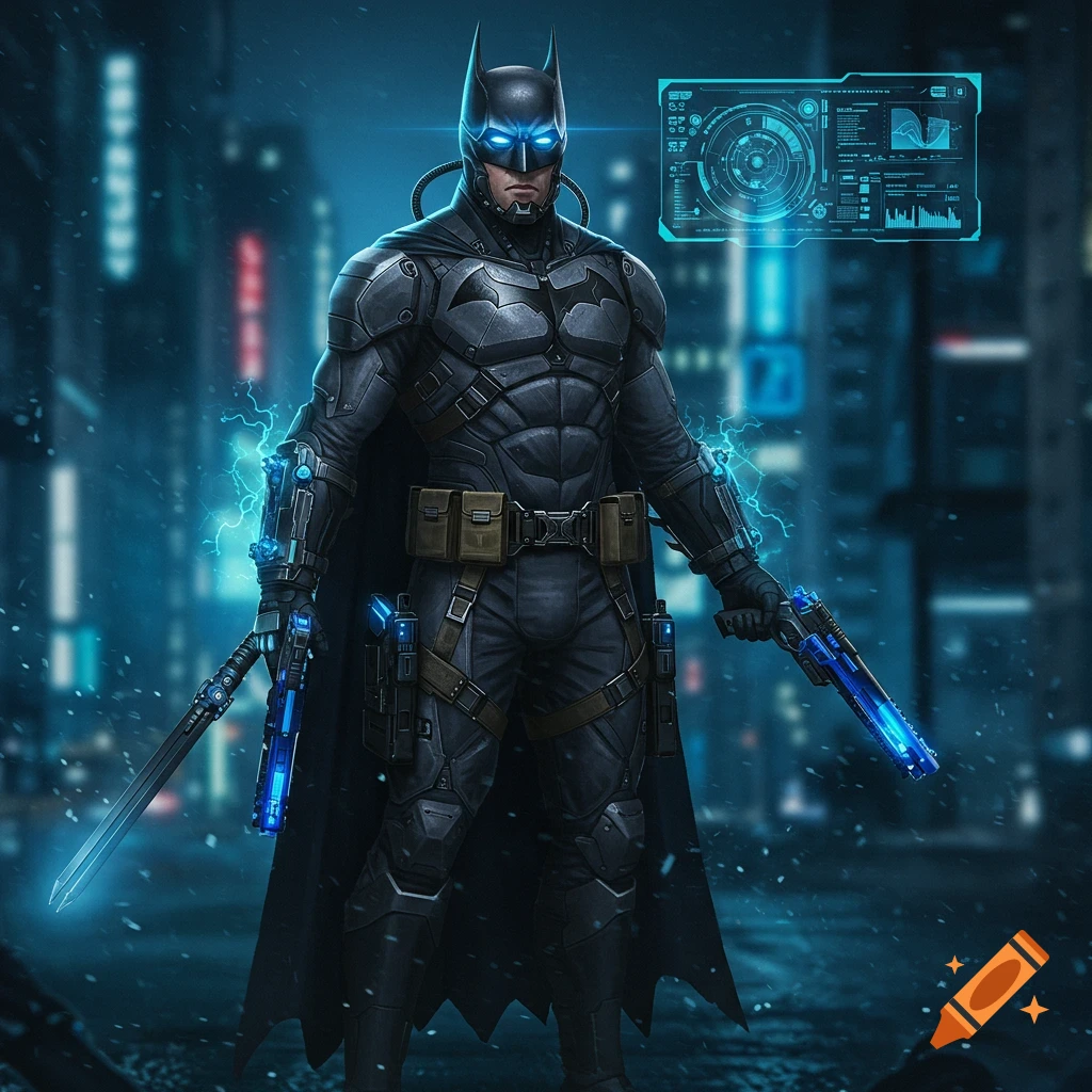 Futuristic Batman in a dark, neon-lit city street. He wears a heavily armored suit with glowing blue eyes, holding two blue and black pistols and a double-sided staff, surrounded by blue lightning effects, and a holographic display.