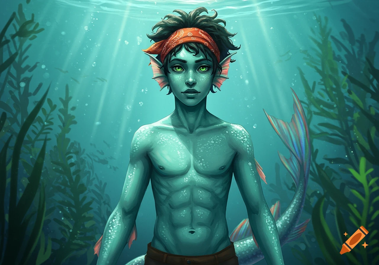 A blue-skinned merman with dark curly hair, a red bandana, and green eyes stands underwater amongst seaweed.