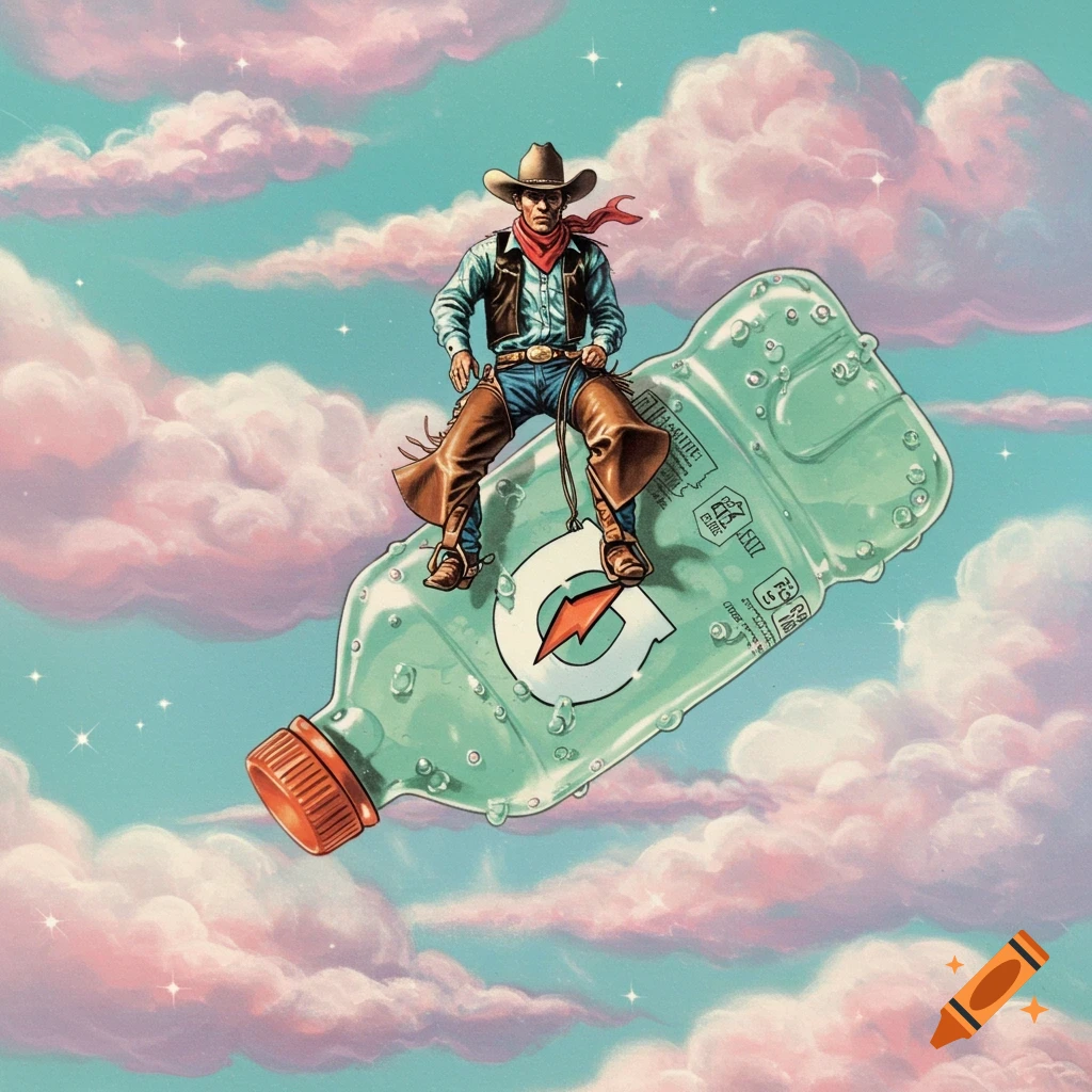 Airbrushed retro illustration of a serious cowboy riding a giant Gatorade bottle like a bull through surreal pastel clouds with twinkling stars.