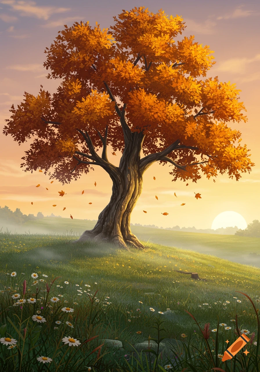 Vibrant autumn tree with orange leaves on a grassy hill with wildflowers at sunset, leaves falling. Stylized illustration.
