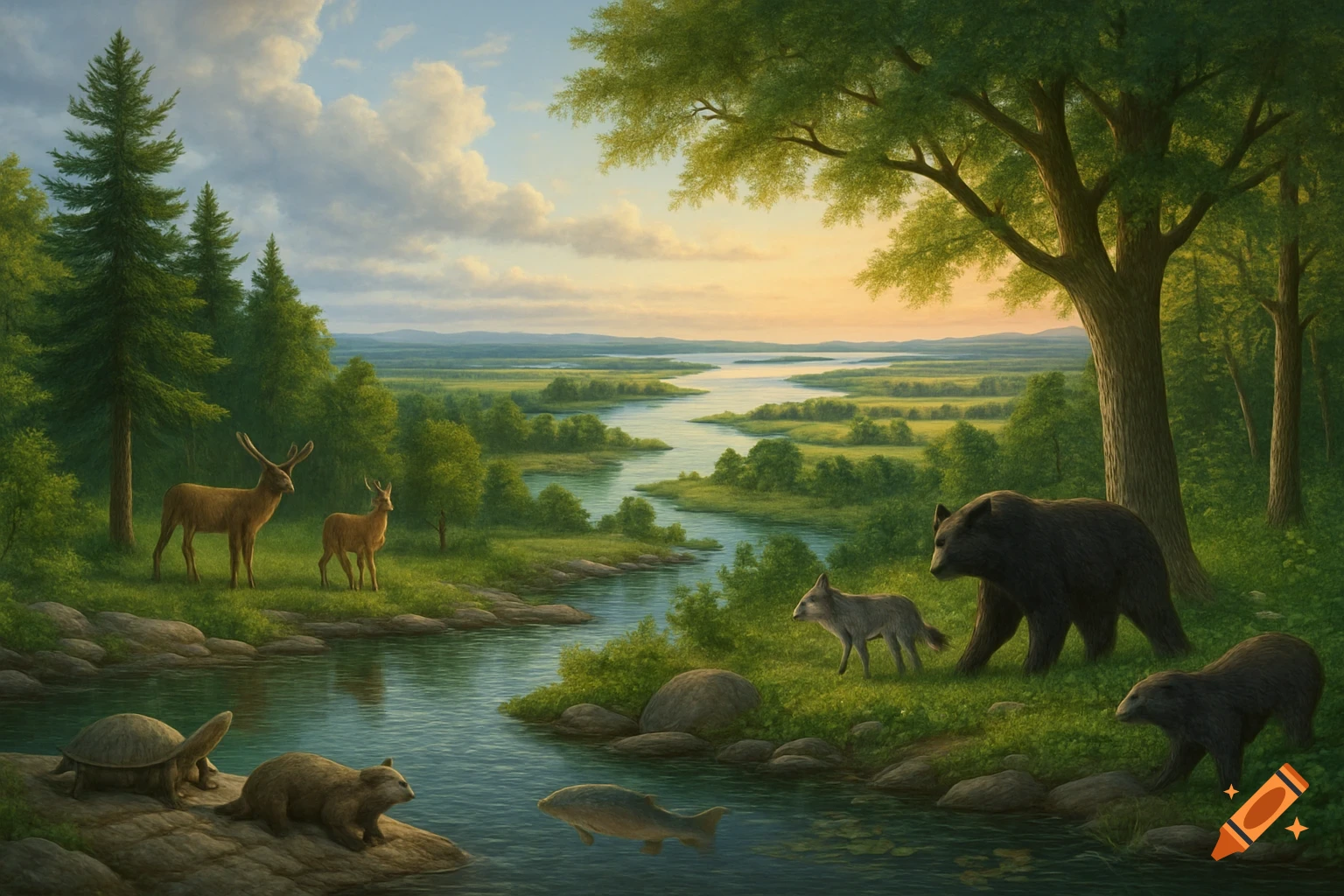 A detailed painting of a lush river valley at sunset with deer, bears, a wolf, turtles, a beaver, and fish in a forest.