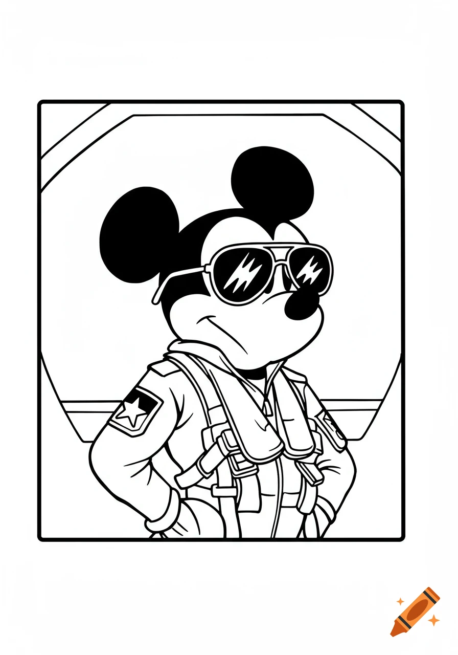 Black and white line art of Mickey Mouse wearing aviator sunglasses and a pilot jumpsuit, with a serious expression.