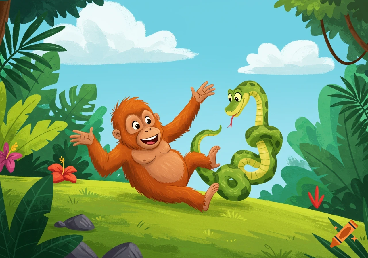 A happy cartoon orangutan and a green snake playfully tumbling down a lush green jungle hill under a blue sky.