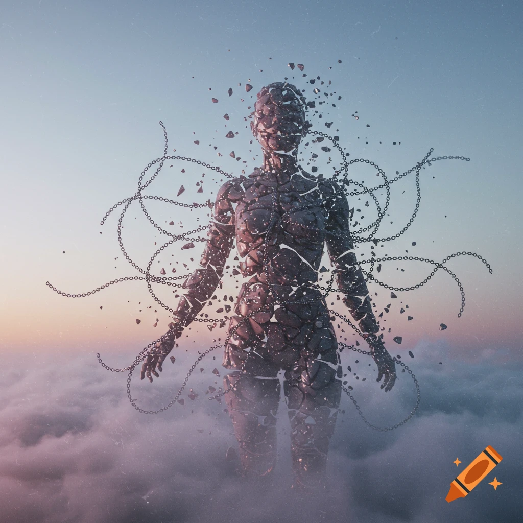 Surreal fragmented dark humanoid silhouette with chains dissolving into mist above clouds against a gradient sky.
