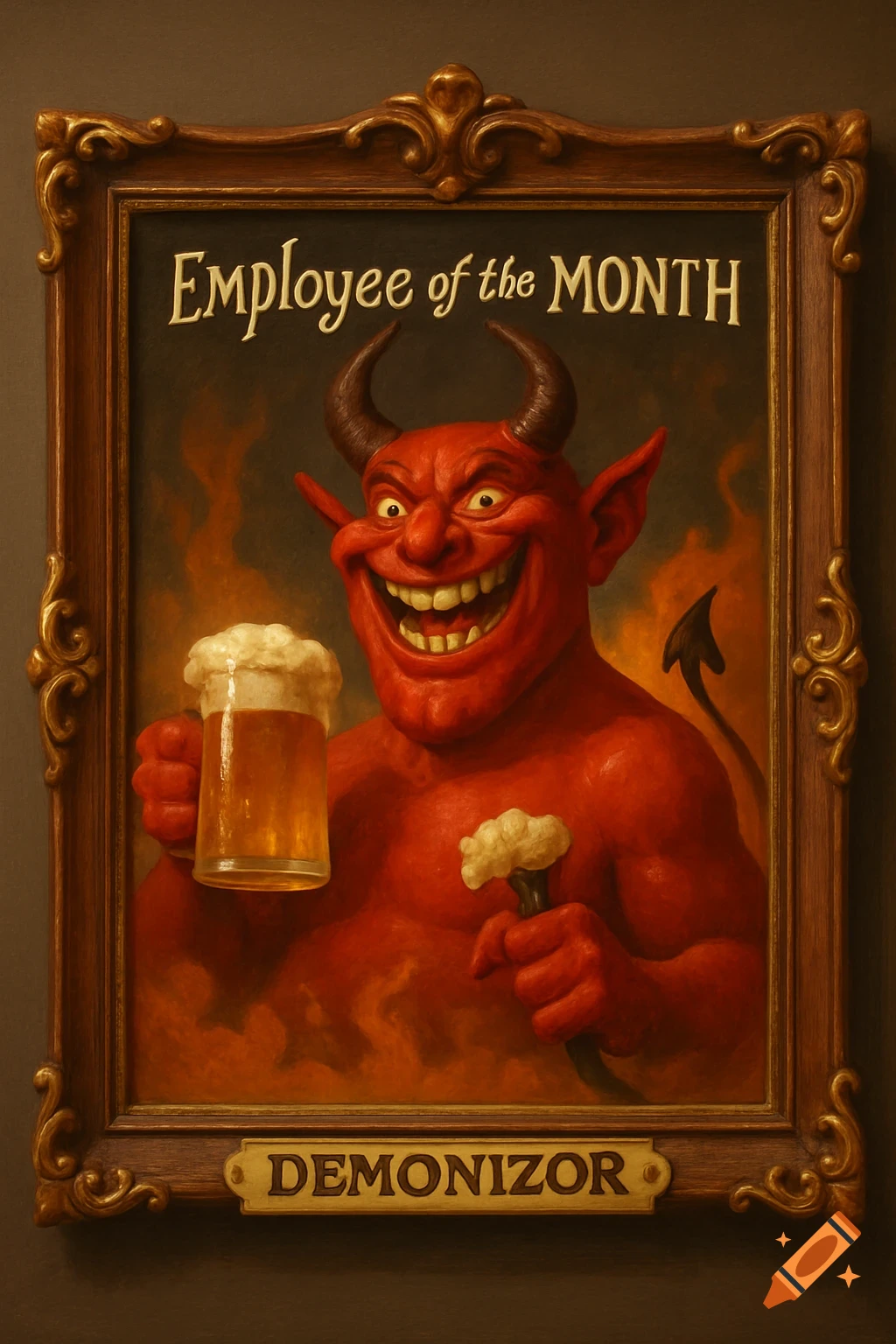 A cheerful red demon with horns and a tail, holding a frothy beer, in a gilded 'Employee of the Month' frame, with the name 'Demonizor'.