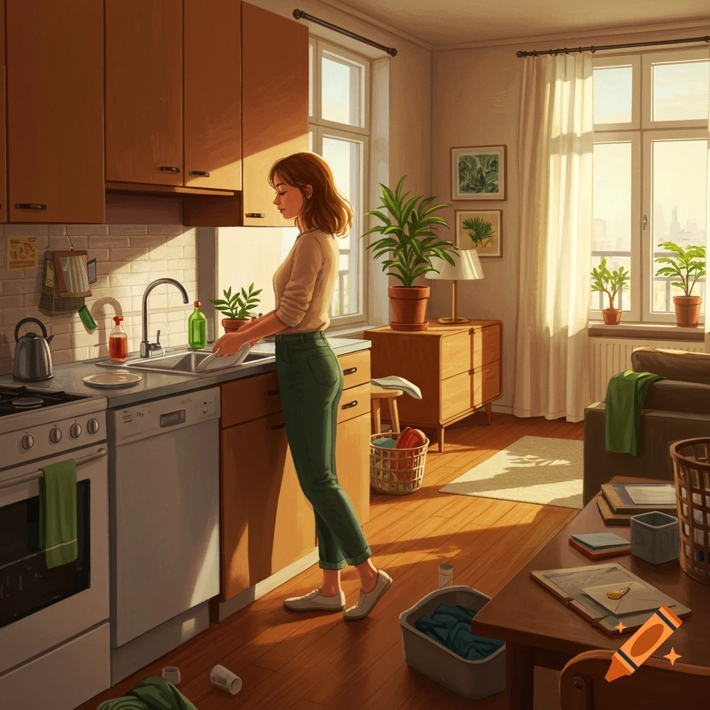 An illustration of a woman washing dishes in a sunlit kitchen, with a living room visible in the background.