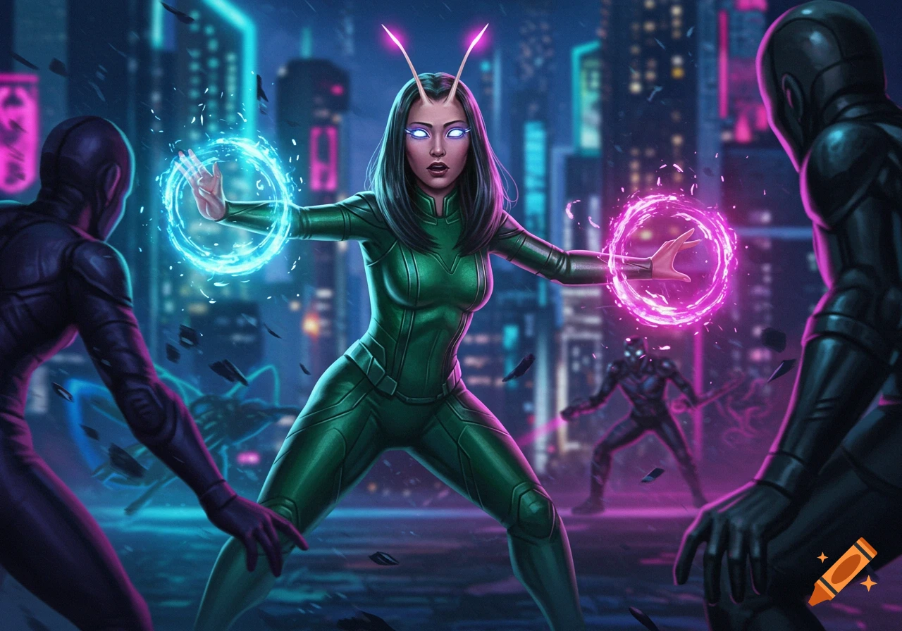 Mantis, a superhero in a green suit, wields glowing energy rings against shadowy figures in a neon futuristic city, comic art style.