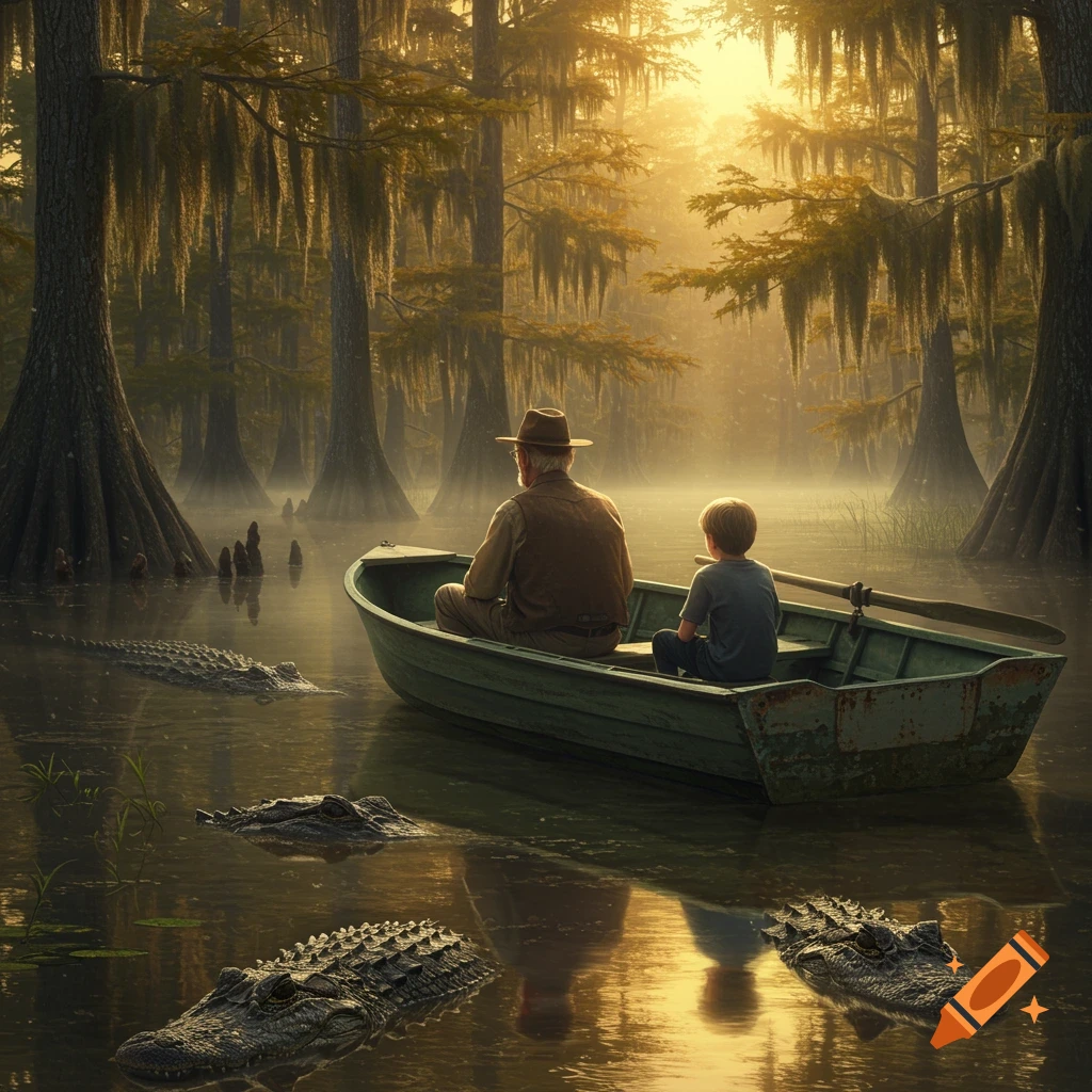 Photorealistic image of an elderly man and young boy in a rowboat on a misty swamp, surrounded by cypress trees and several alligators.