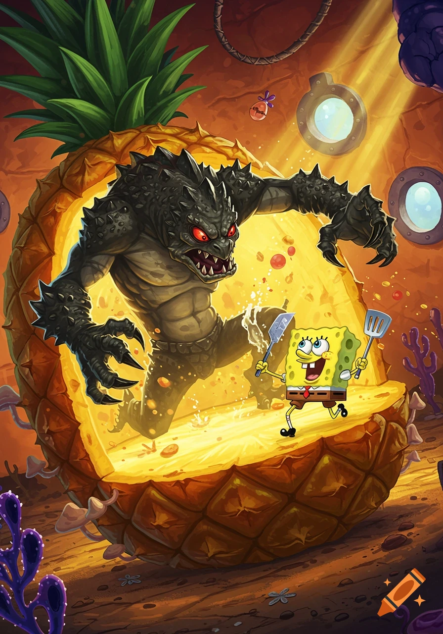 A scaly monster with red eyes bursts from a glowing pineapple, facing a happy Spongebob with spatulas. Vibrant cartoon art.