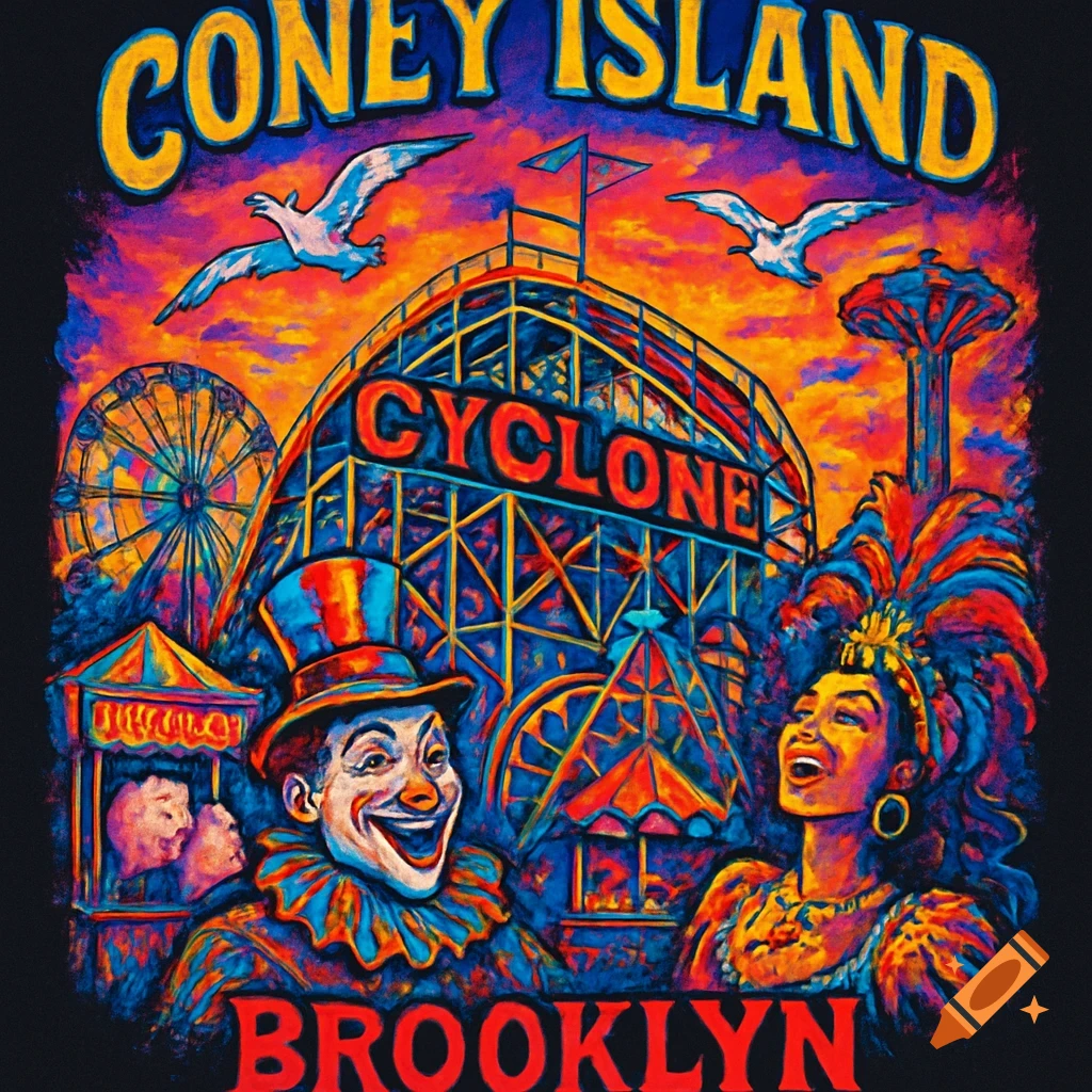 Stylized, vibrant illustration of Coney Island attractions, featuring the Cyclone rollercoaster, a Ferris wheel, the parachute jump, a clown, and a woman in festive attire. Text reads "CONEY ISLAND CYCLONE BROOKLYN".