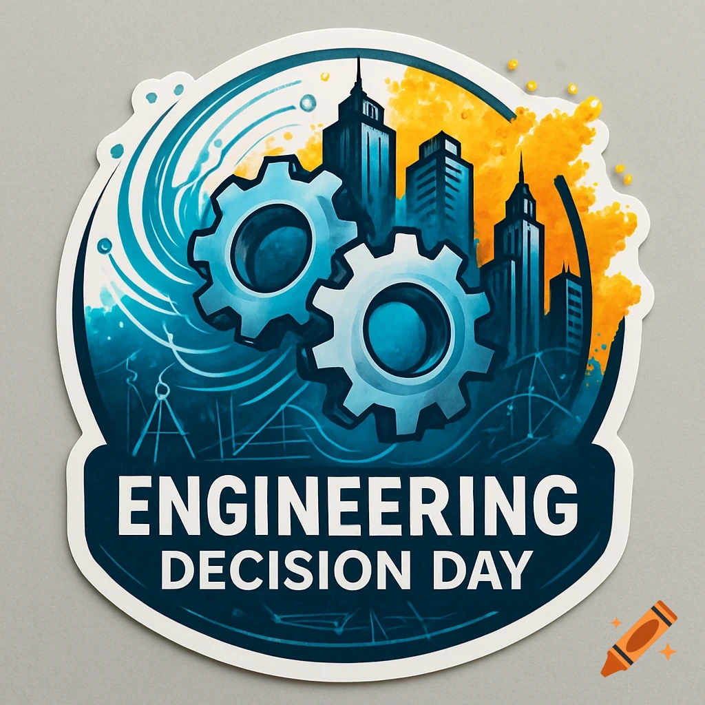 A sticker design with two light blue gears against a background of blue skyscrapers and yellow sky. A dark blue banner at the bottom reads "ENGINEERING DECISION DAY".