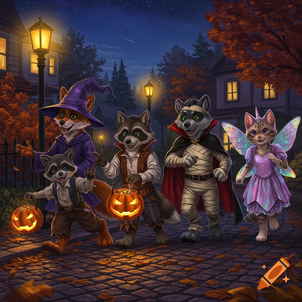 Detailed illustration of five anthropomorphic animals in Halloween costumes trick-or-treating on a cozy, autumn night.