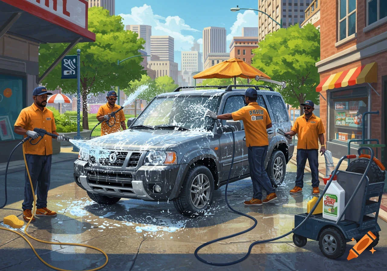 Four men in orange shirts wash a gray SUV with water hoses and sponges on a city street, digital illustration.