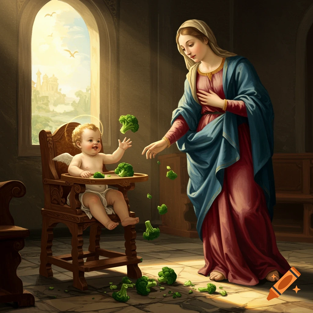 Mother Mary watches as Baby Jesus, with a halo and small wings, throws broccoli from his high chair in a classical painting style.